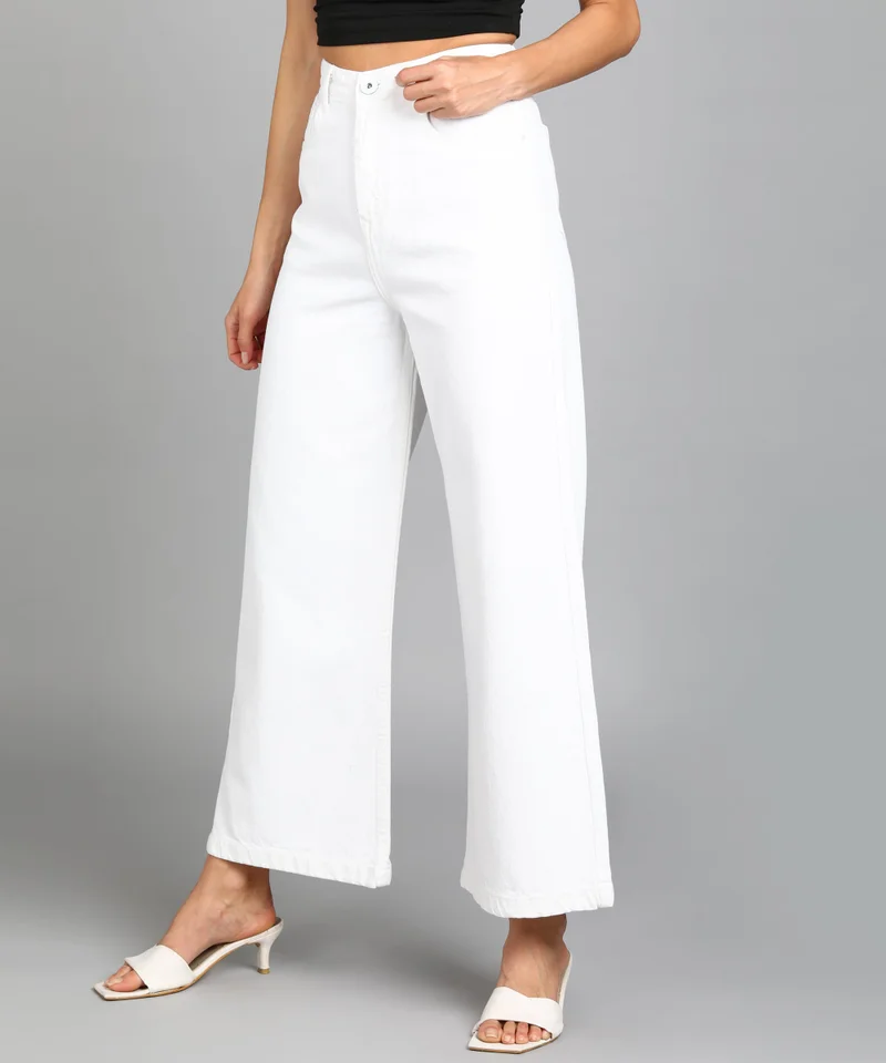 Urbano Fashion  Urbano Fashion Women's White Regular Fit Wide Leg Washed Jeans for Women | Best Price UAE